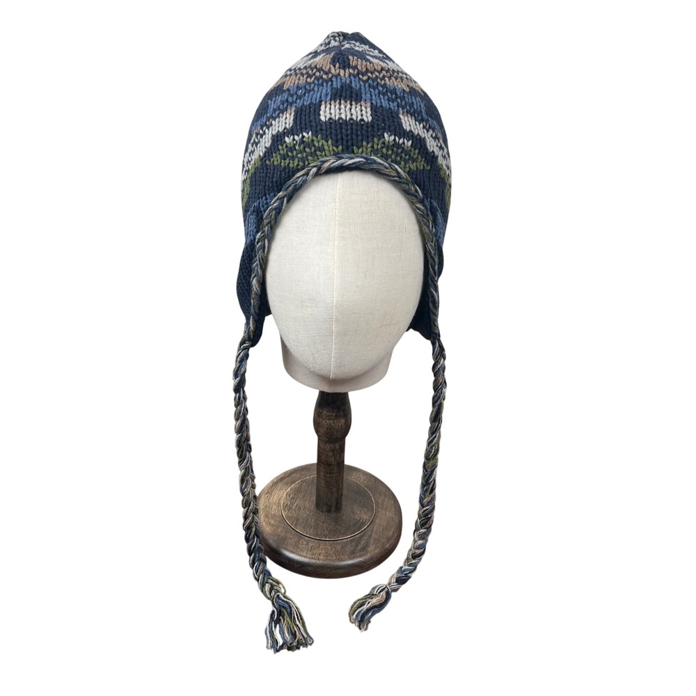 NWT Route 66 Mens Fair Isle Mountain Earflap Beanie Hat Navy Blue Wool Blend NEW